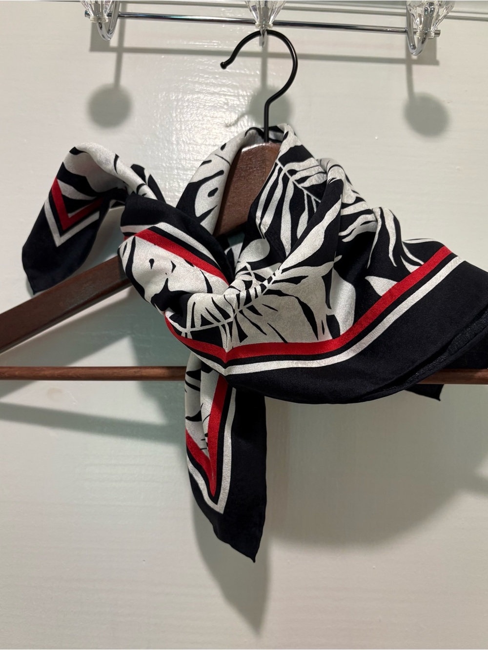 Black & White Floral Silk Scarf with a red accent border from Thailand